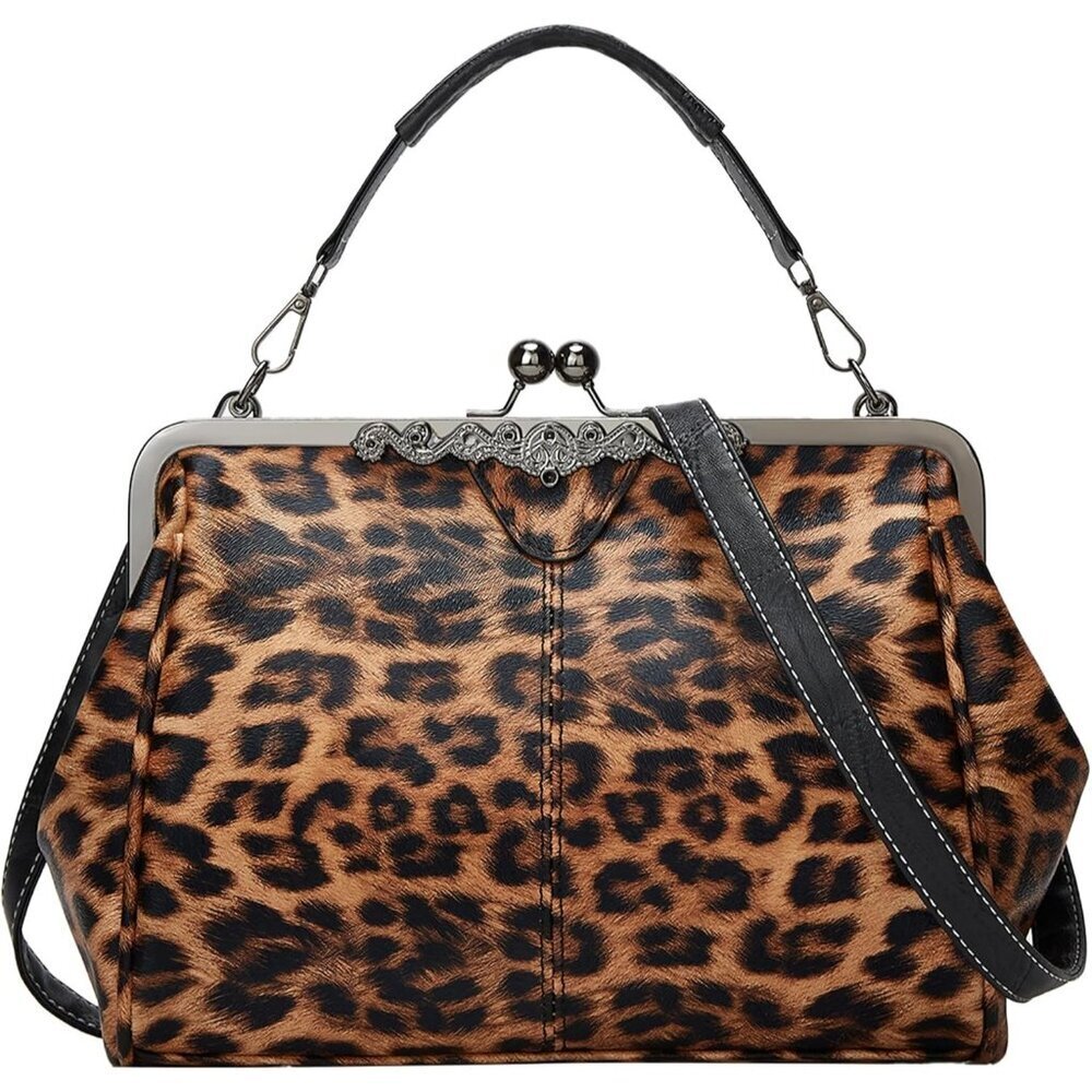 Women's Leopard Gold Vegan Leather Kiss Lock Satchel Evening Crossbody Clutch